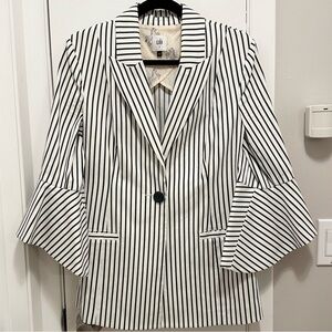 CAbi Womens Jacket White & Navy Blue Ticking Stripe Bell Sleeve Blazer 4